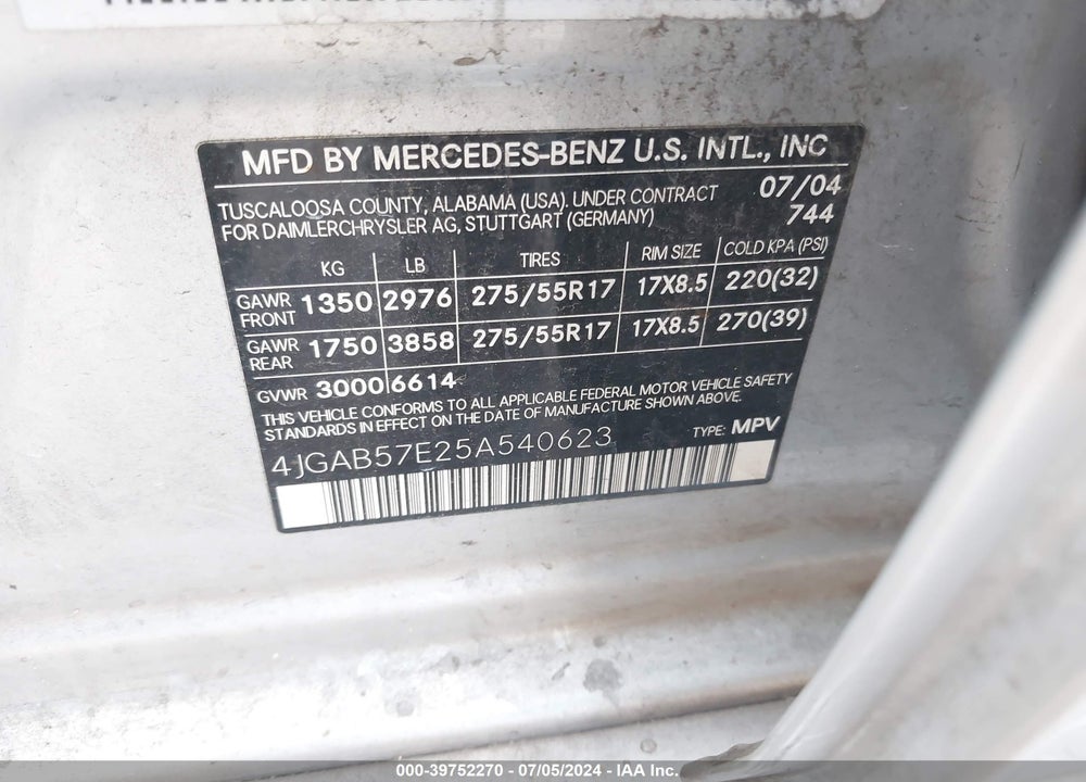 2005 MERCEDES-BENZ ML 350 4MATIC VIN: 4JGAB57E25A540623