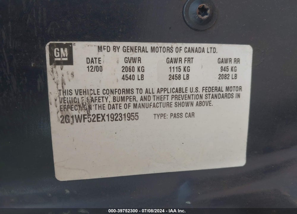 2001 CHEVROLET IMPALA VIN: 2G1WF52EX19231955