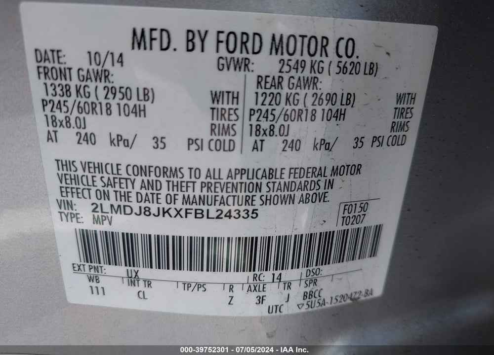 2015 LINCOLN MKX VIN: 2LMDJ8JKXFBL24335