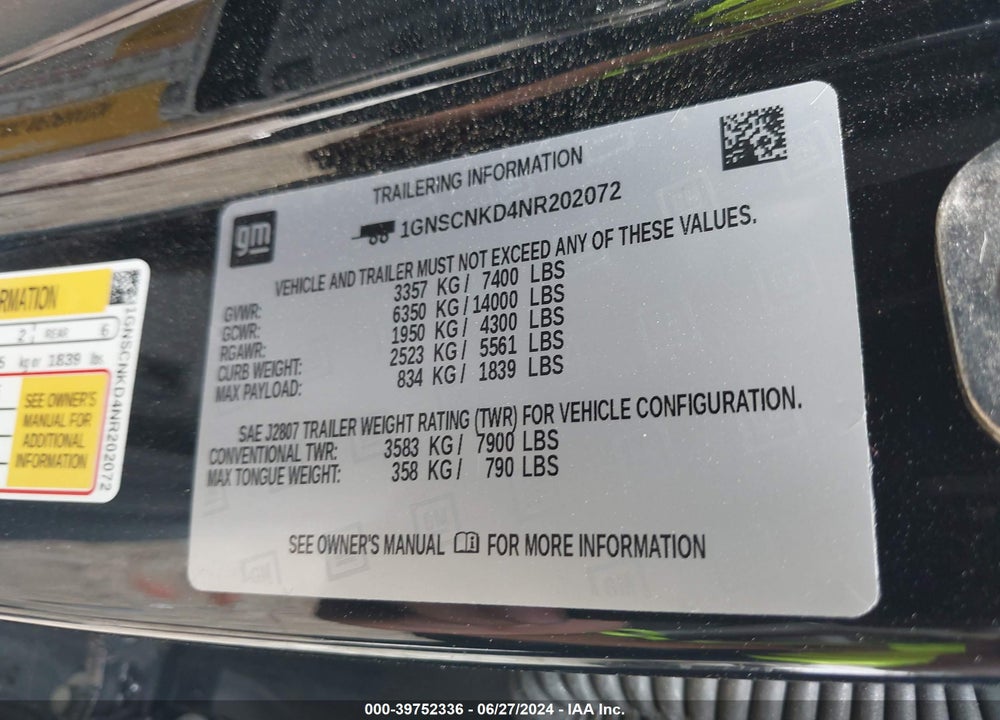 2022 CHEVROLET TAHOE VIN: 1GNSCNKD4NR202072
