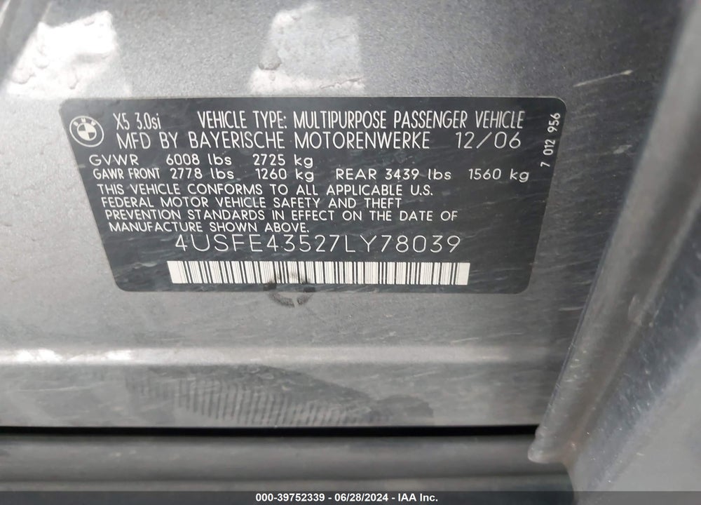 2007 BMW X5 3.0SI VIN: 4USFE43527LY78039