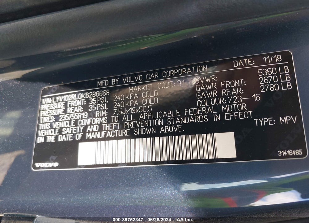2019 VOLVO XC60 T5 INSCRIPTION VIN: LYV102RL0KB288668