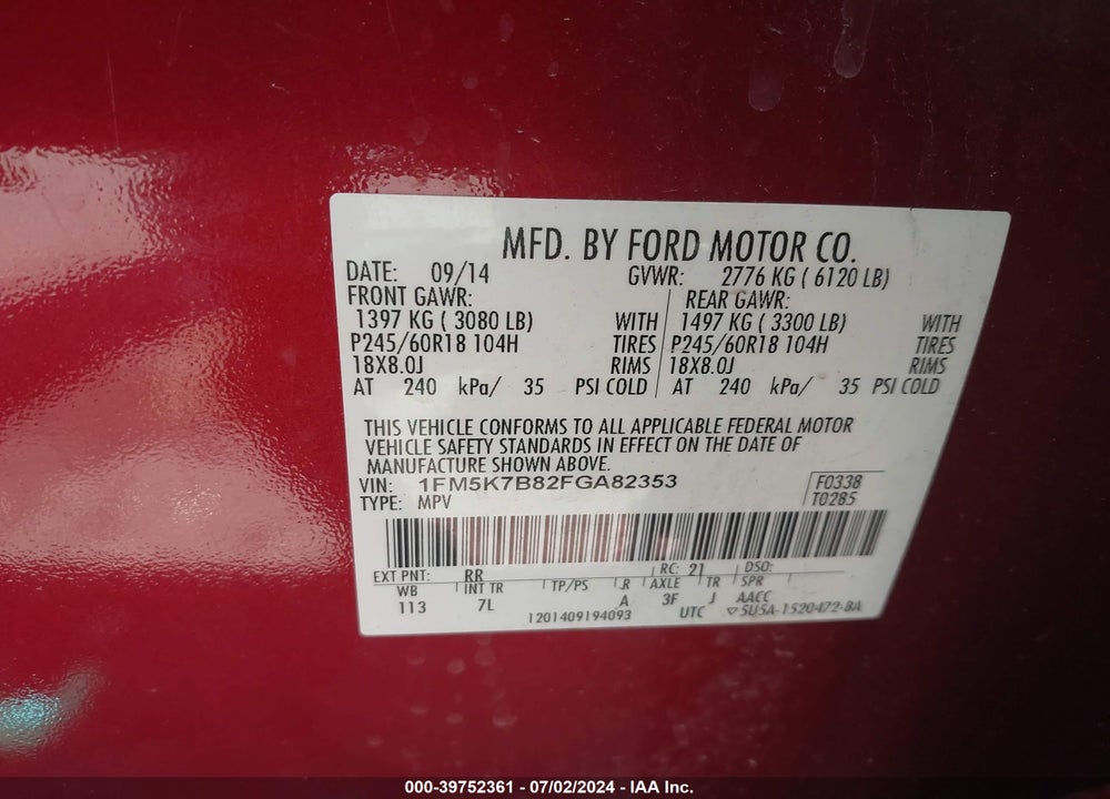 2015 FORD EXPLORER VIN: 1FM5K7B82FGA82353