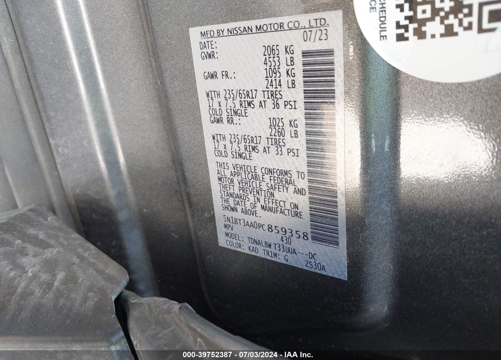 2023 NISSAN ROGUE S FWD VIN: 5N1BT3AA0PC859358