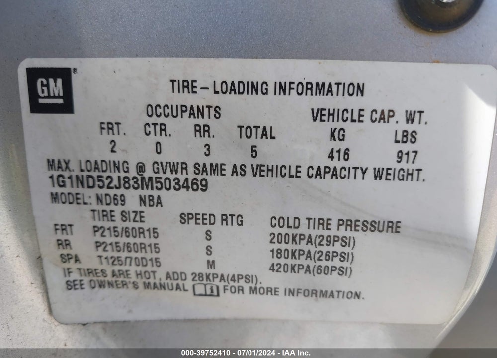 2003 CHEVROLET MALIBU VIN: 1G1ND52J83M503469