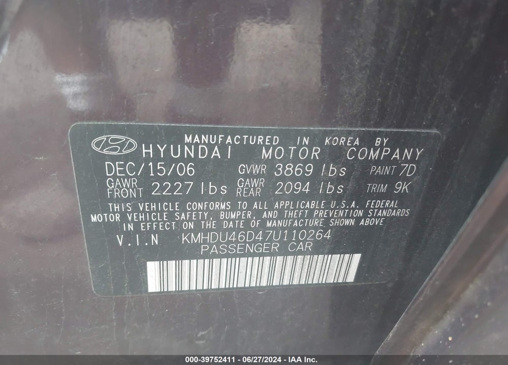 2007 HYUNDAI ELANTRA GLS/LIMITED/SE VIN: KMHDU46D47U110264