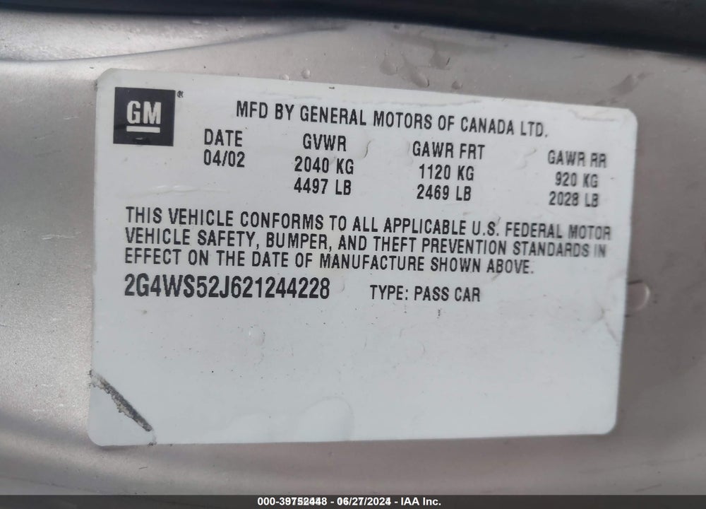 2002 BUICK CENTURY CUSTOM VIN: 2G4WS52J621244228