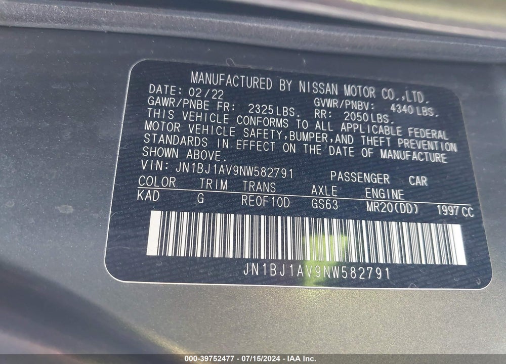 2022 NISSAN ROGUE SPORT S FWD XTRONIC CVT VIN: JN1BJ1AV9NW582791
