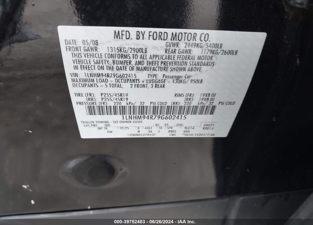 2009 LINCOLN MKS VIN: 1LNHM94R79G602415