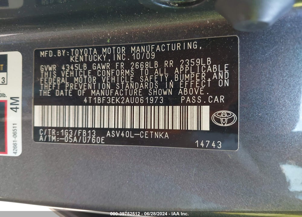 2010 TOYOTA CAMRY LE VIN: 4T1BF3EK2AU061973