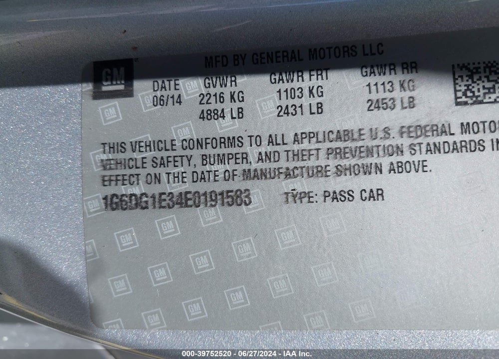 2014 CADILLAC CTS PERFORMANCE VIN: 1G6DG1E34E0191583