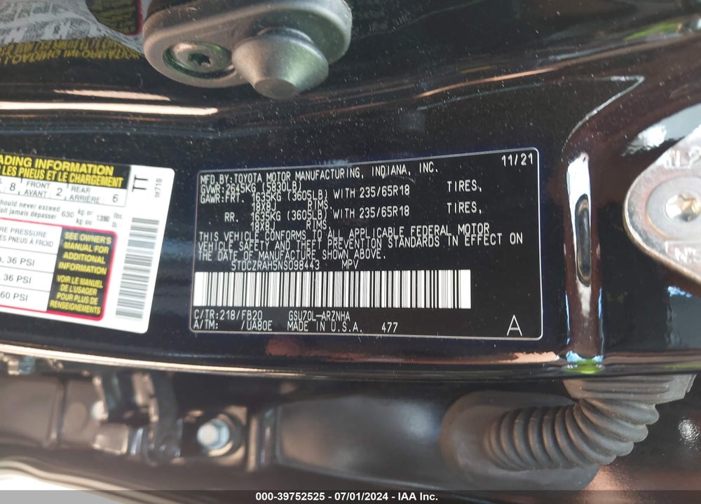 2022 TOYOTA HIGHLANDER L VIN: 5TDCZRAH5NS098443