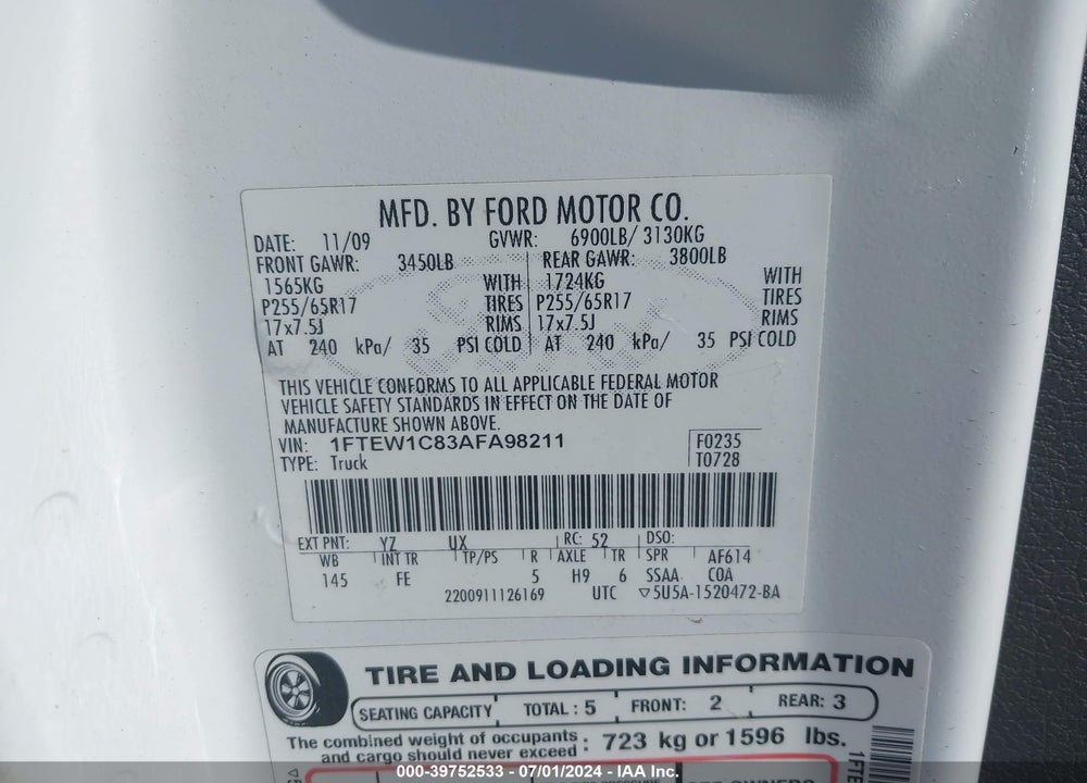 2010 FORD F-150 XLT VIN: 1FTEW1C83AFA98211