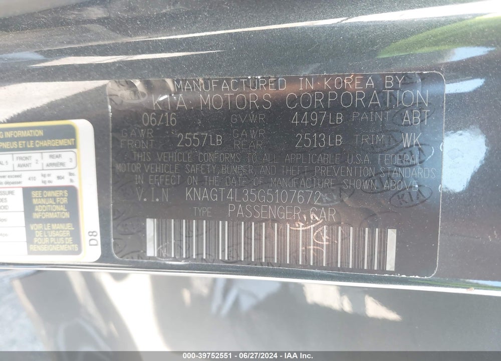 2016 KIA OPTIMA LX VIN: KNAGT4L35G5107672