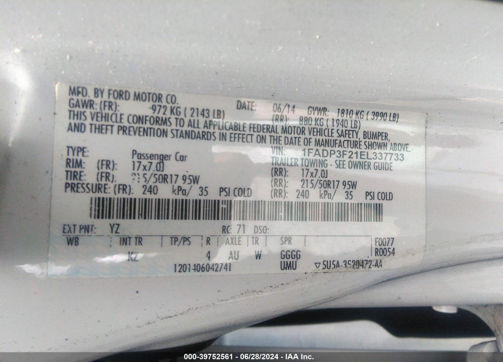 2014 FORD FOCUS SE VIN: 1FADP3F21EL337733