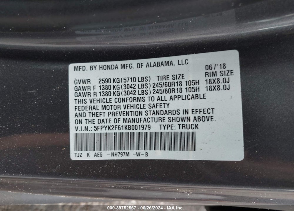 2019 HONDA RIDGELINE RTL-T VIN: 5FPYK2F61KB001979