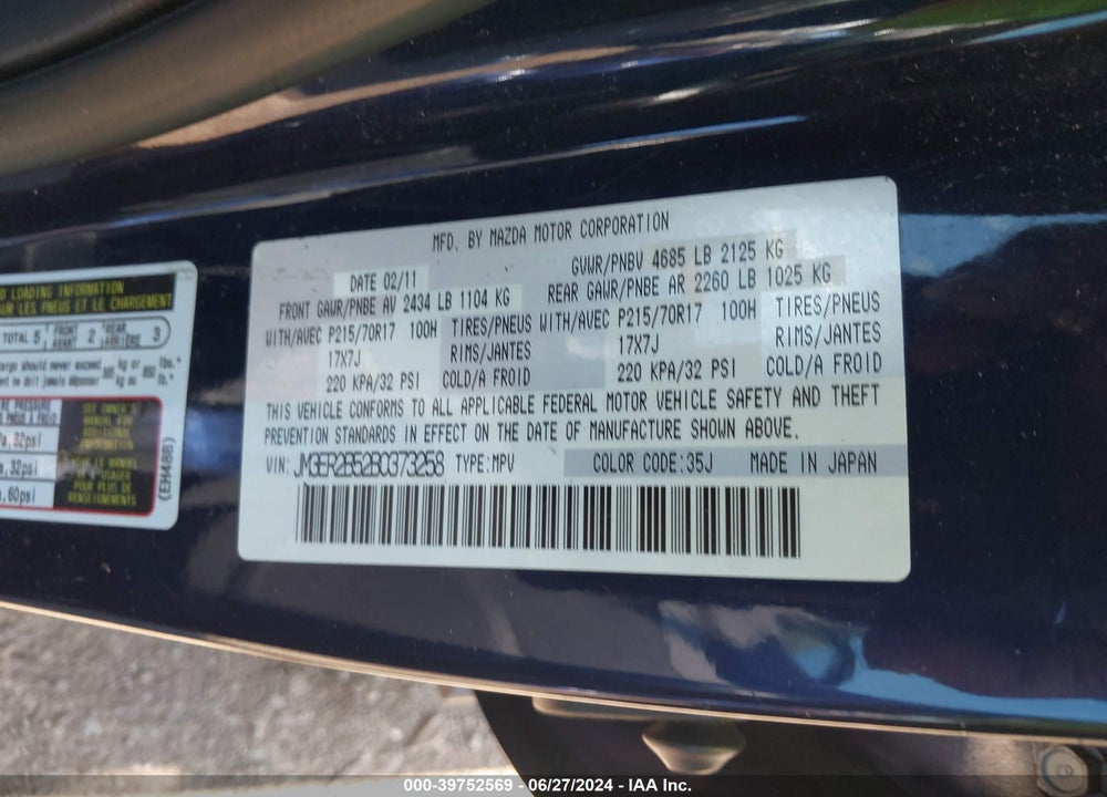 2011 MAZDA CX-7 I SPORT VIN: JM3ER2B52B0373258