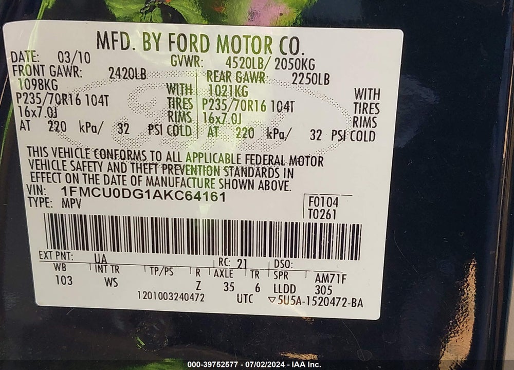 2010 FORD ESCAPE XLT VIN: 1FMCU0DG1AKC64161