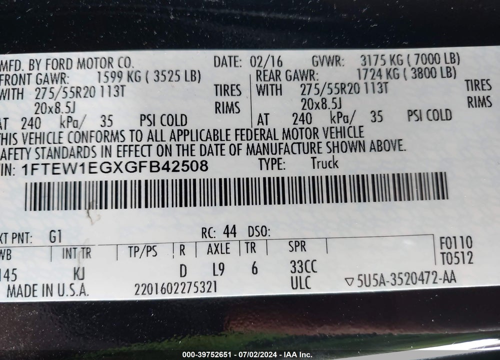 2016 FORD F-150 KING RANCH VIN: 1FTEW1EGXGFB42508