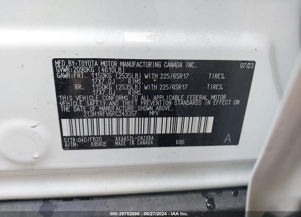 2023 TOYOTA RAV4 LE VIN: 2T3H1RFV6PC243357