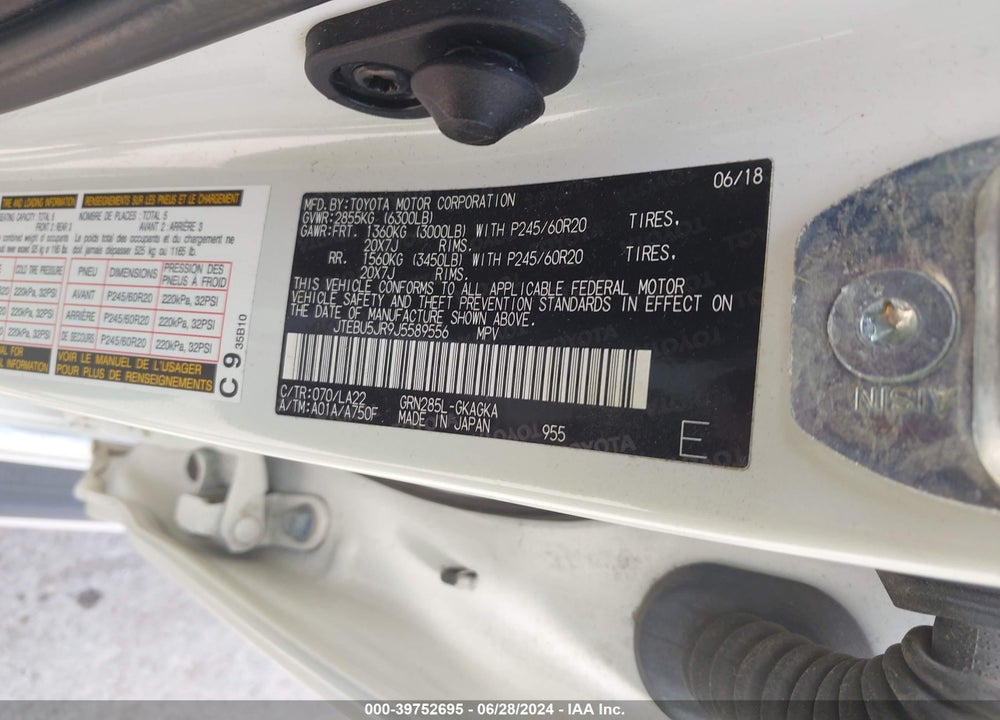 2018 TOYOTA 4RUNNER LIMITED VIN: JTEBU5JR9J5589556