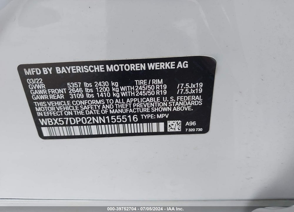 2022 BMW X3 XDRIVE30I VIN: WBX57DP02NN155516