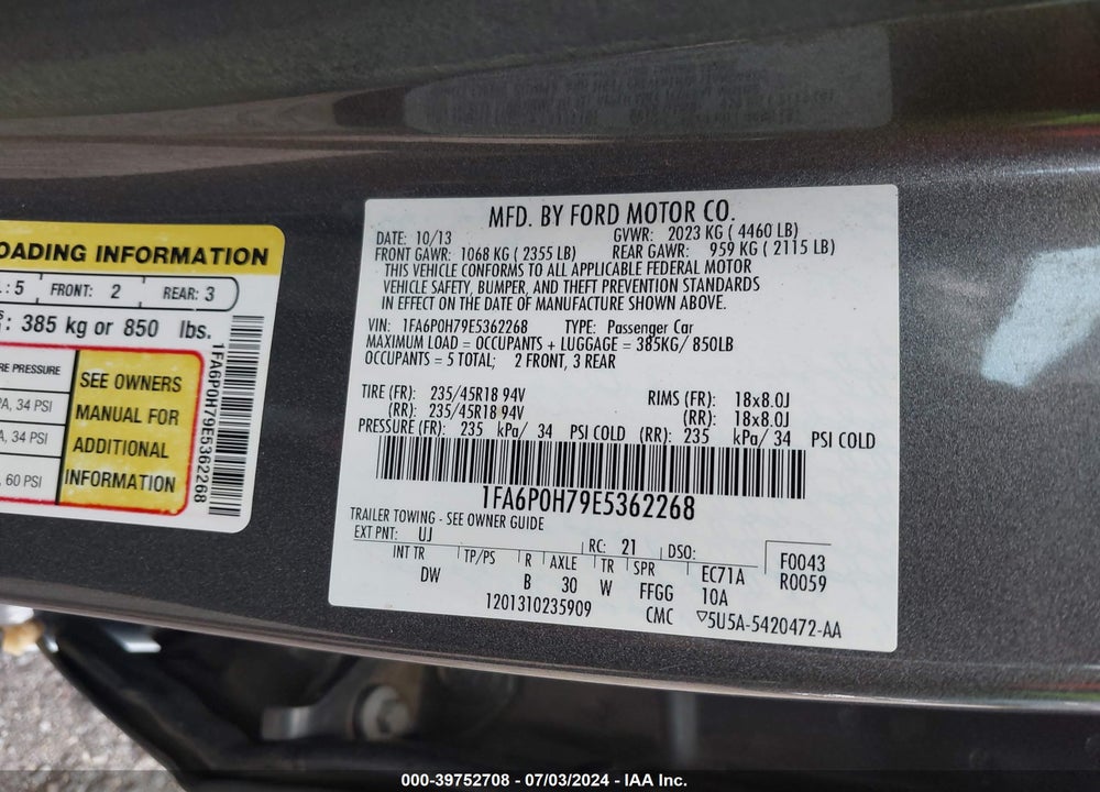 2014 FORD FUSION SE VIN: 1FA6P0H79E5362268
