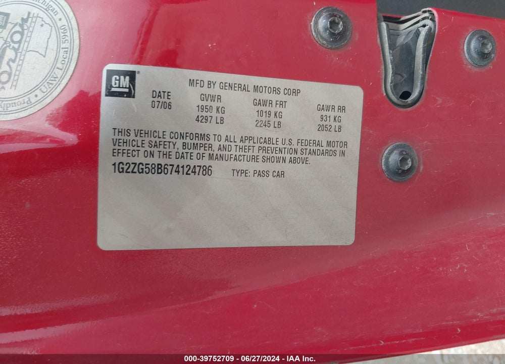 2007 PONTIAC G6 VIN: 1G2ZG58B674124786