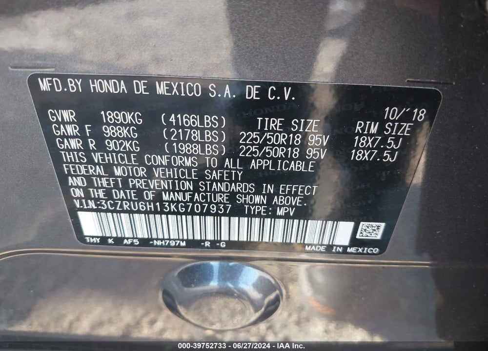 2019 HONDA HR-V SPORT VIN: 3CZRU6H13KG707937