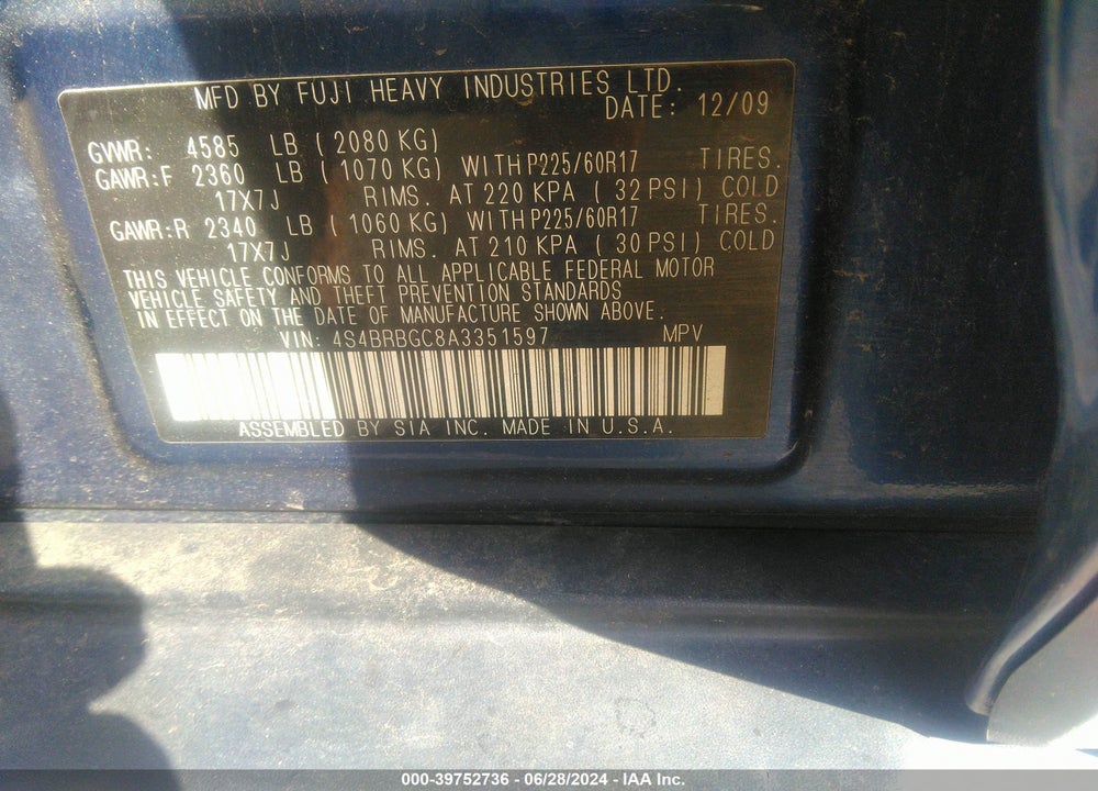 2010 SUBARU OUTBACK 2.5I PREMIUM VIN: 4S4BRBGC8A3351597