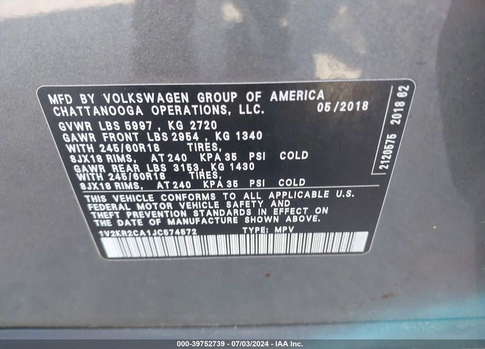 2018 VOLKSWAGEN ATLAS 3.6L V6 SE VIN: 1V2KR2CA1JC574572
