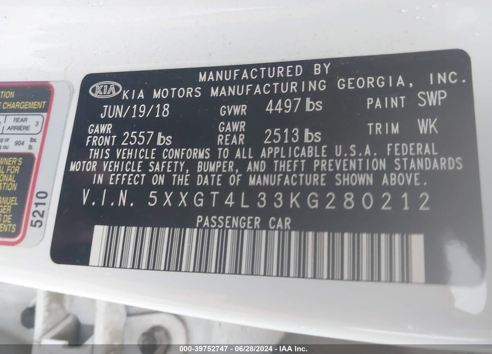 2019 KIA OPTIMA S VIN: 5XXGT4L33KG280212