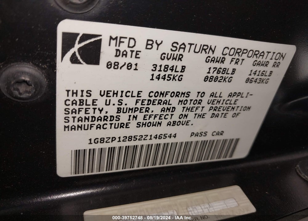 2002 SATURN S-SERIES SC1 VIN: 1G8ZP12852Z146544