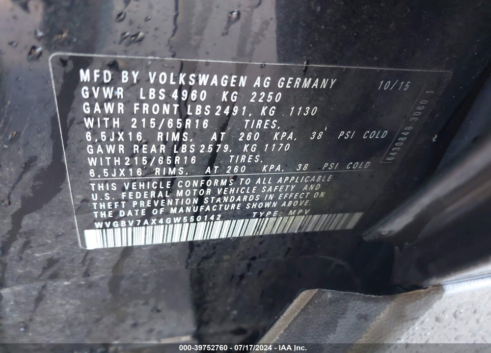 2016 VOLKSWAGEN TIGUAN S VIN: WVGBV7AX4GW550142