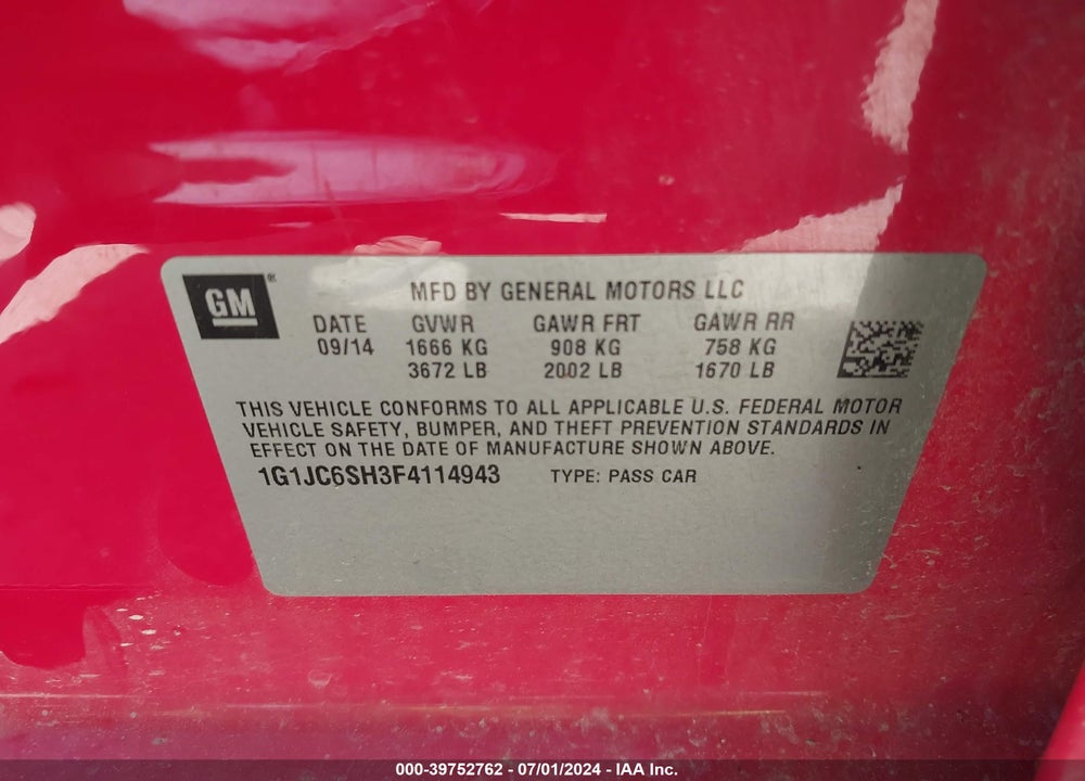 2015 CHEVROLET SONIC LT AUTO VIN: 1G1JC6SH3F4114943