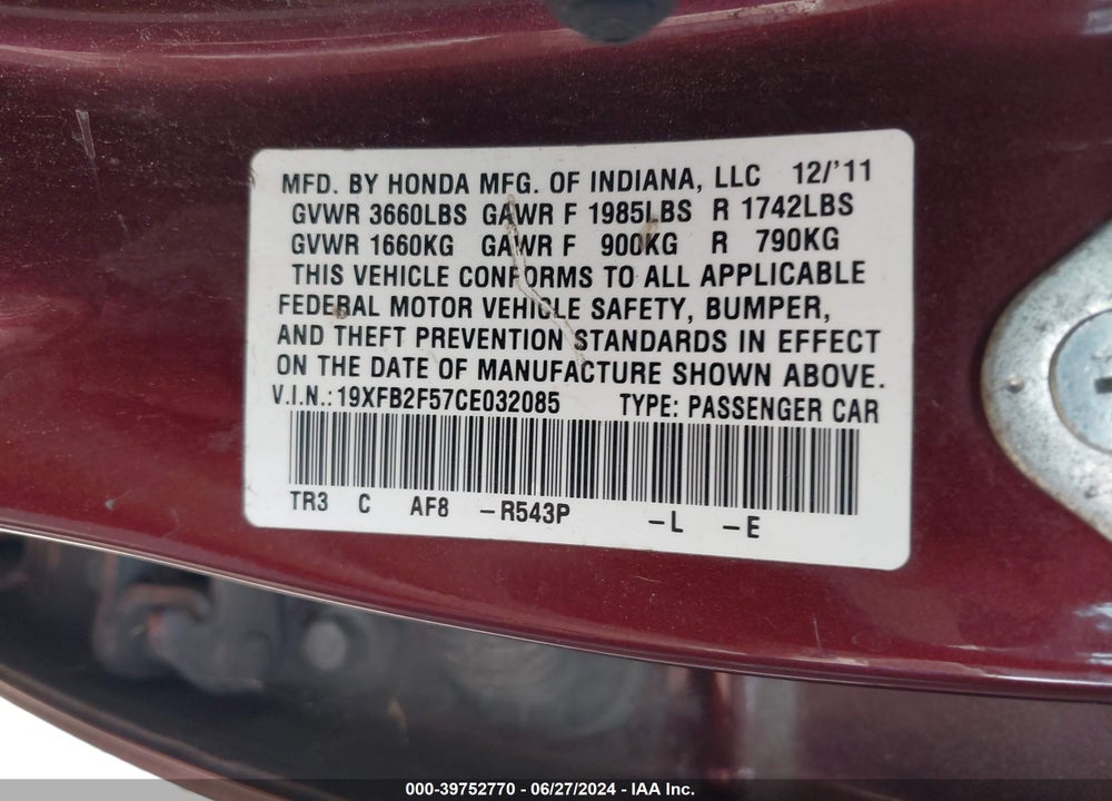 2012 HONDA CIVIC VIN: 19XFB2F57CE032085