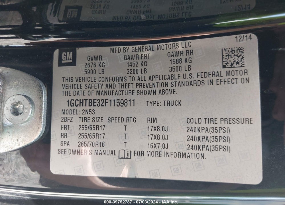 2015 CHEVROLET COLORADO LT VIN: 1GCHTBE32F1159811