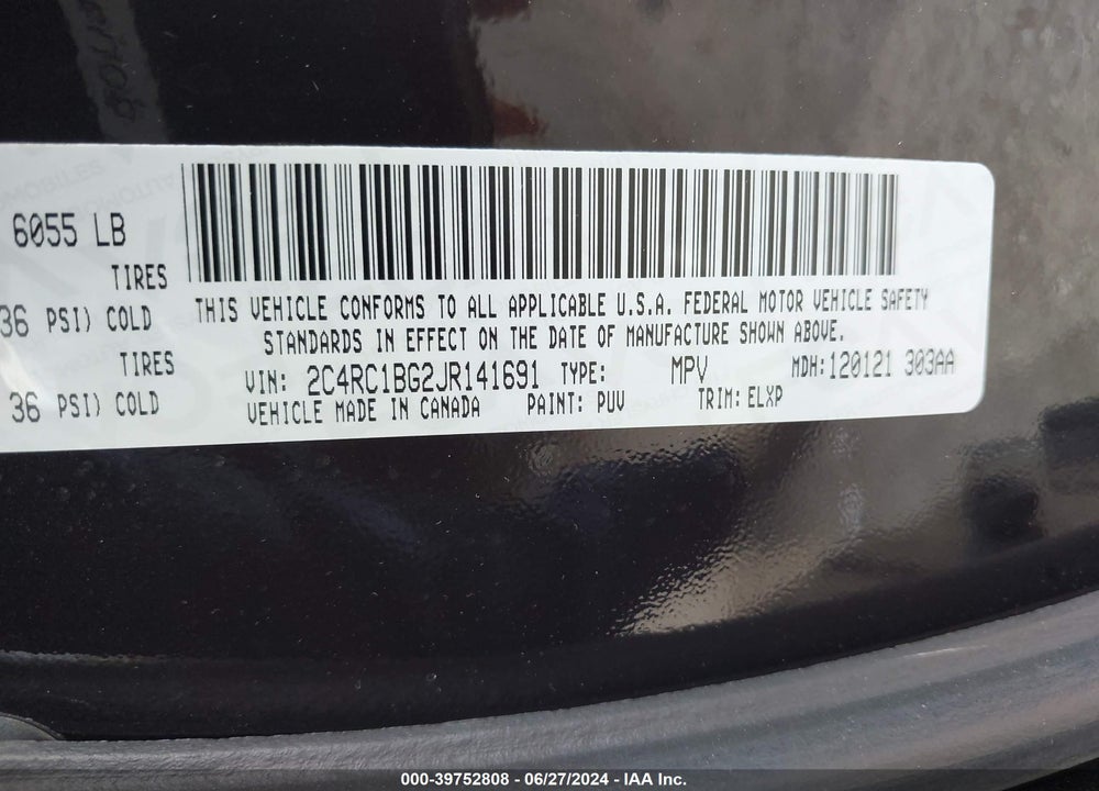 2018 CHRYSLER PACIFICA TOURING L VIN: 2C4RC1BG2JR141691