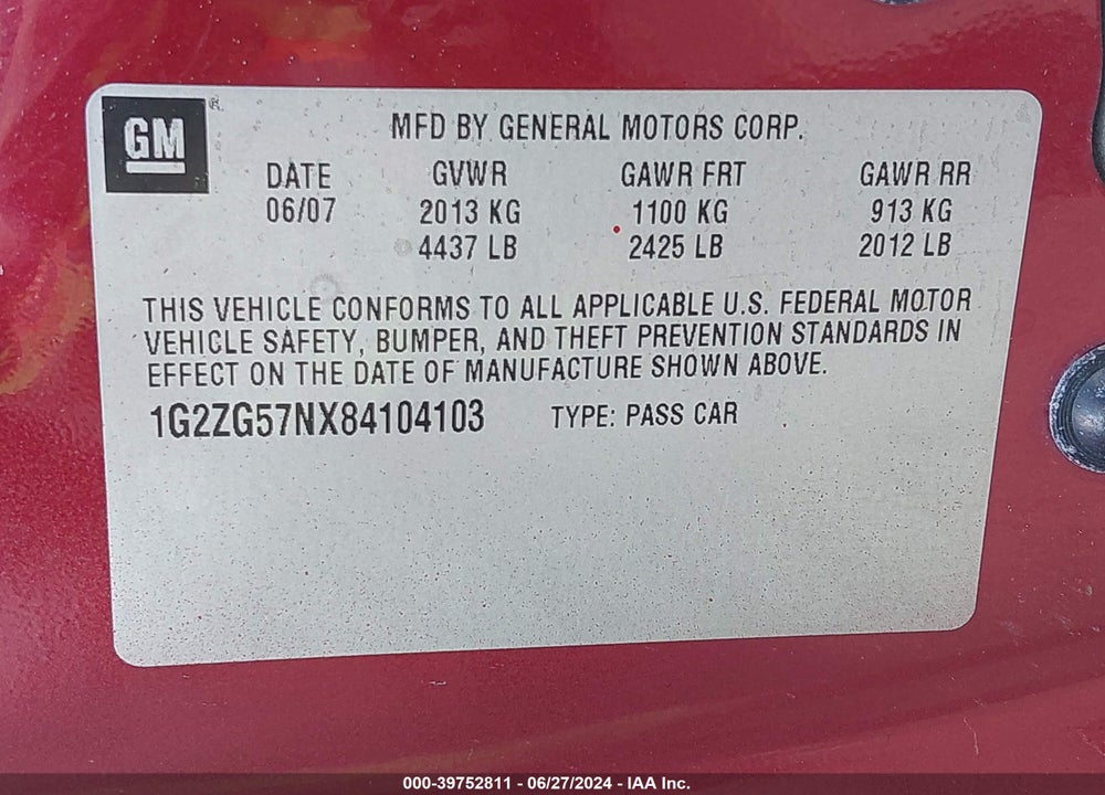 2008 PONTIAC G6 VIN: 1G2ZG57NX84104103