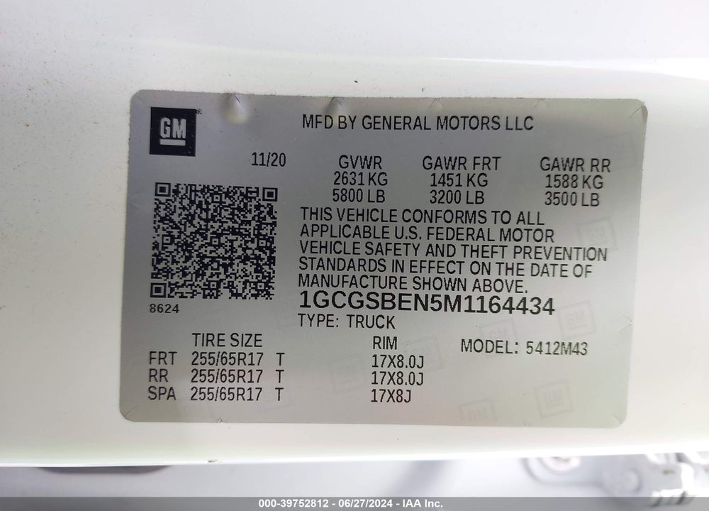 2021 CHEVROLET COLORADO 2WD SHORT BOX WT VIN: 1GCGSBEN5M1164434