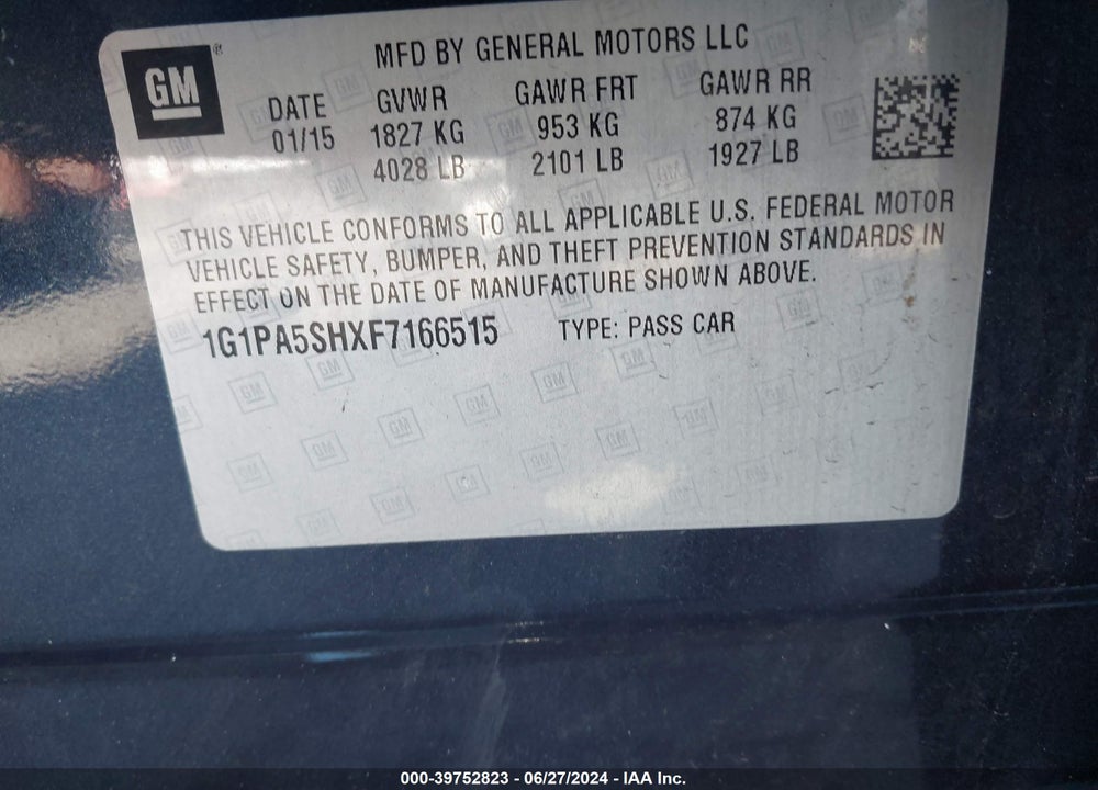 2015 CHEVROLET CRUZE LS AUTO VIN: 1G1PA5SHXF7166515