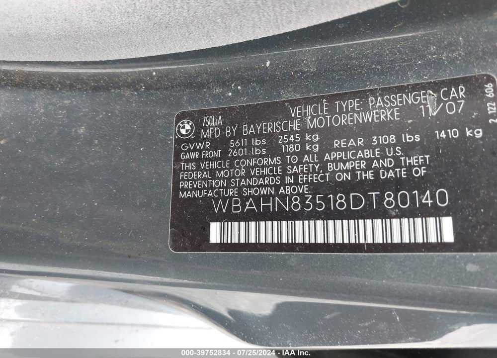 2008 BMW 750LI VIN: WBAHN83518DT80140
