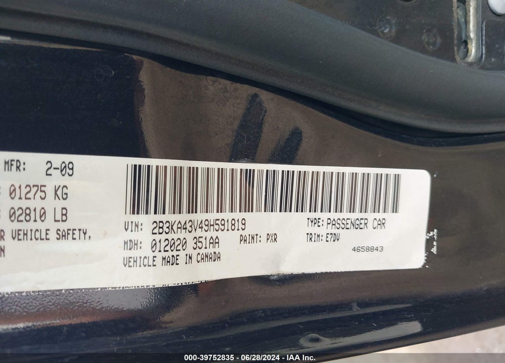 2009 DODGE CHARGER SE VIN: 2B3KA43V49H591819