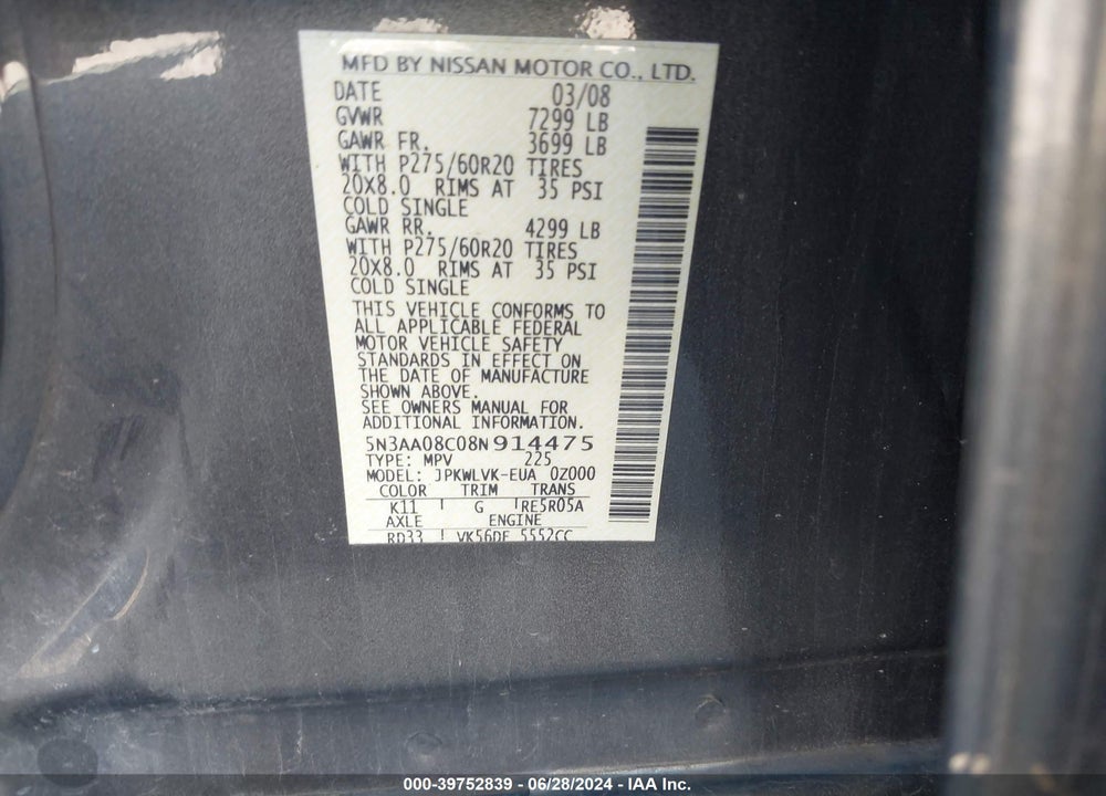 2008 INFINITI QX56 VIN: 5N3AA08C08N914475