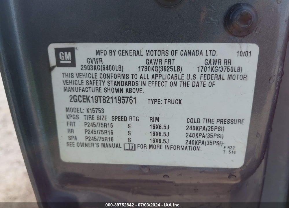 2002 CHEVROLET SILVERADO 1500 VIN: 2GCEK19T821195761