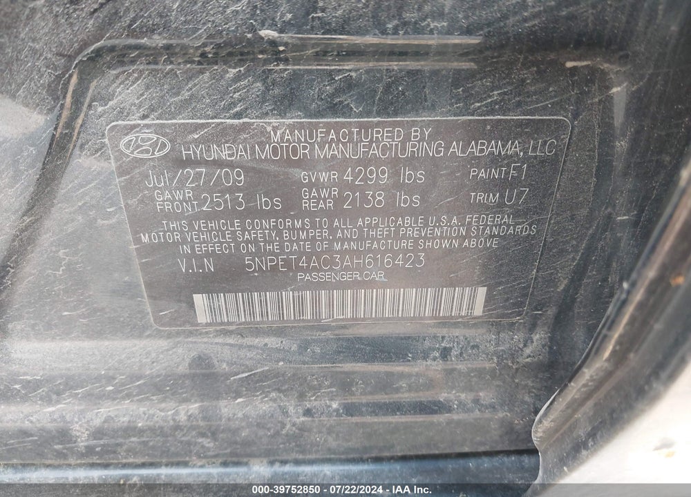2010 HYUNDAI SONATA GLS VIN: 5NPET4AC3AH616423