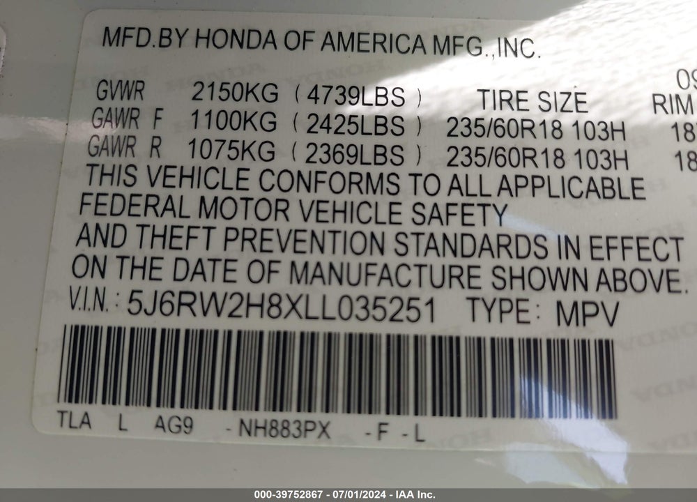 2020 HONDA CR-V AWD EX-L VIN: 5J6RW2H8XLL035251