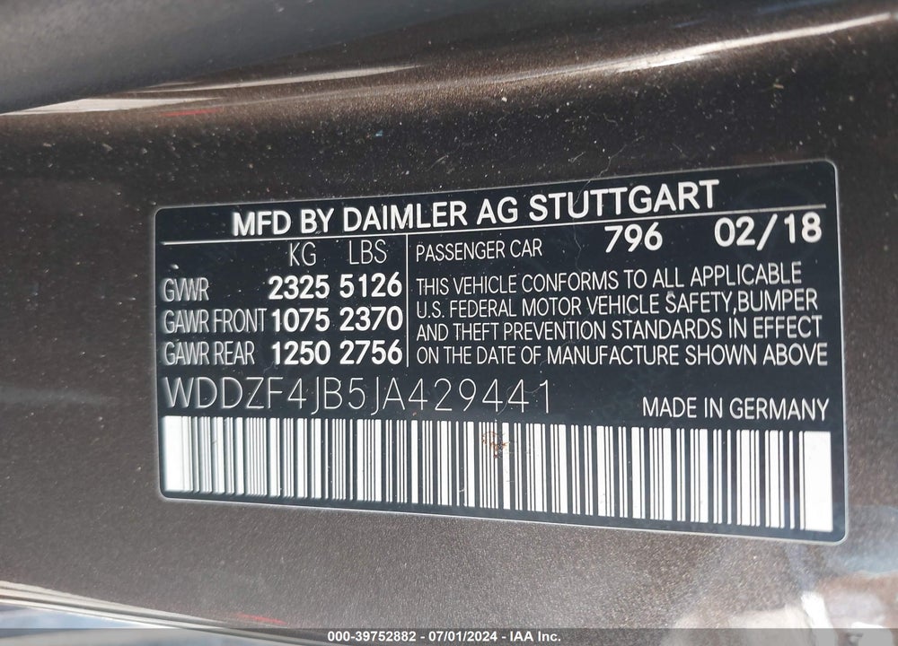 2018 MERCEDES-BENZ E 300 VIN: WDDZF4JB5JA429441