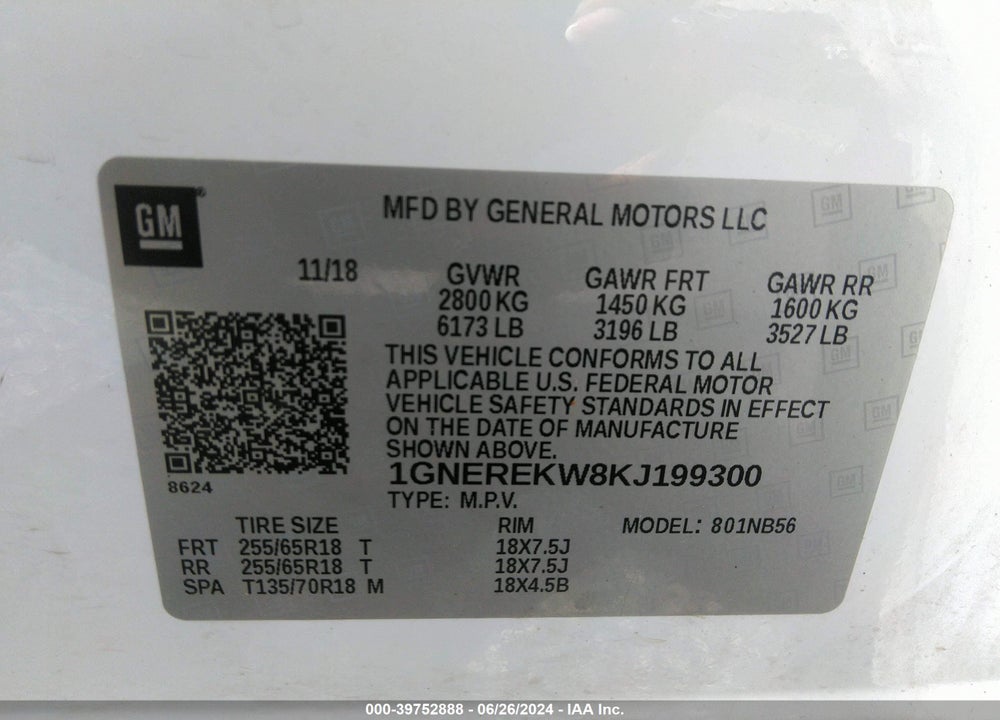 2019 CHEVROLET TRAVERSE VIN: 1GNEREKW8KJ199300