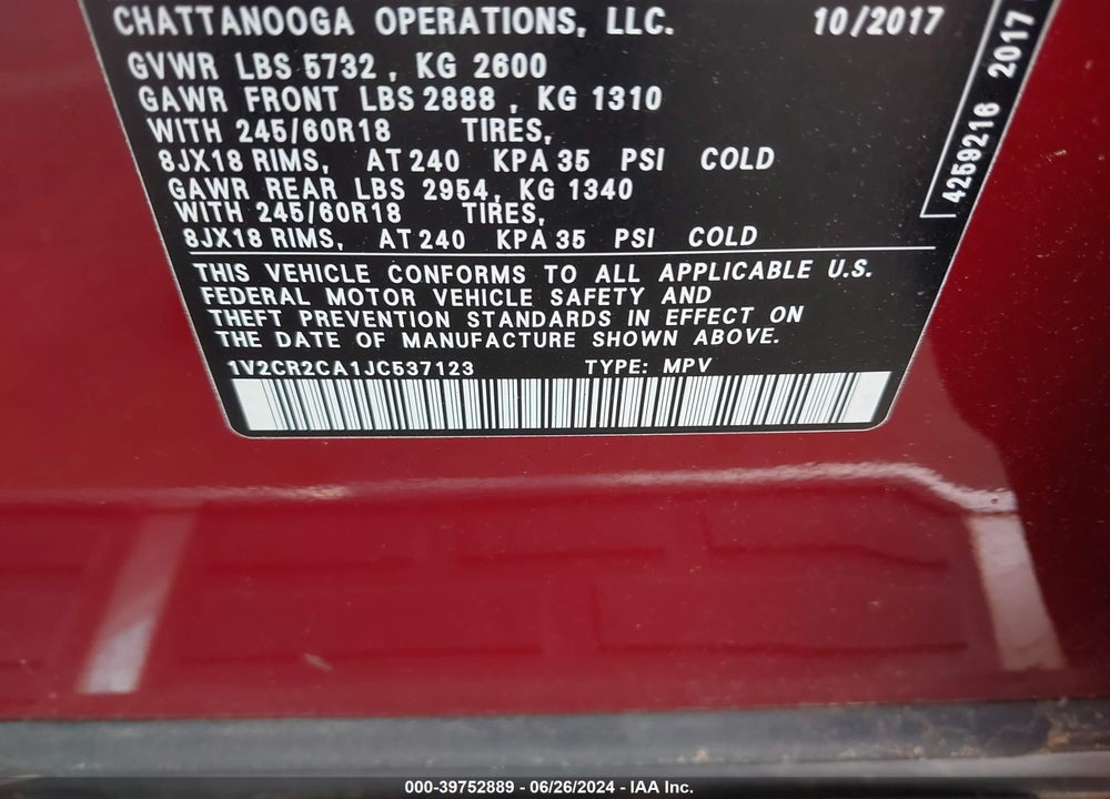 2018 VOLKSWAGEN ATLAS 3.6L V6 SE VIN: 1V2CR2CA1JC537123
